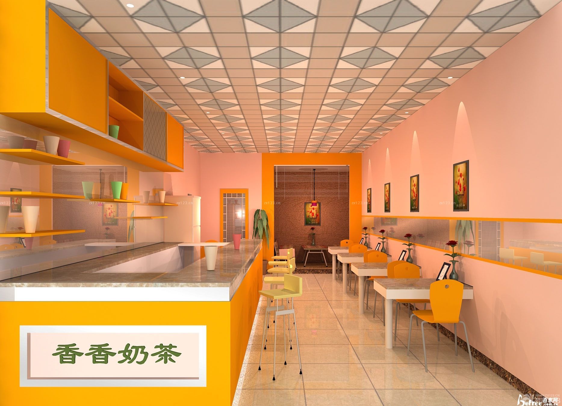 20平米小店装修效果图,餐饮店门头设计图片 温馨风格20平米小型奶茶店装修样板间_装修123效果图